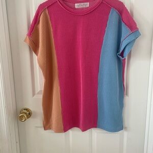 Colorblock Ribbed Short Sleeve Tee in Pink, Blue & orange